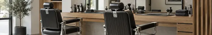 Illustrative barbershop interior with leather chairs, mirrors and oak workstations